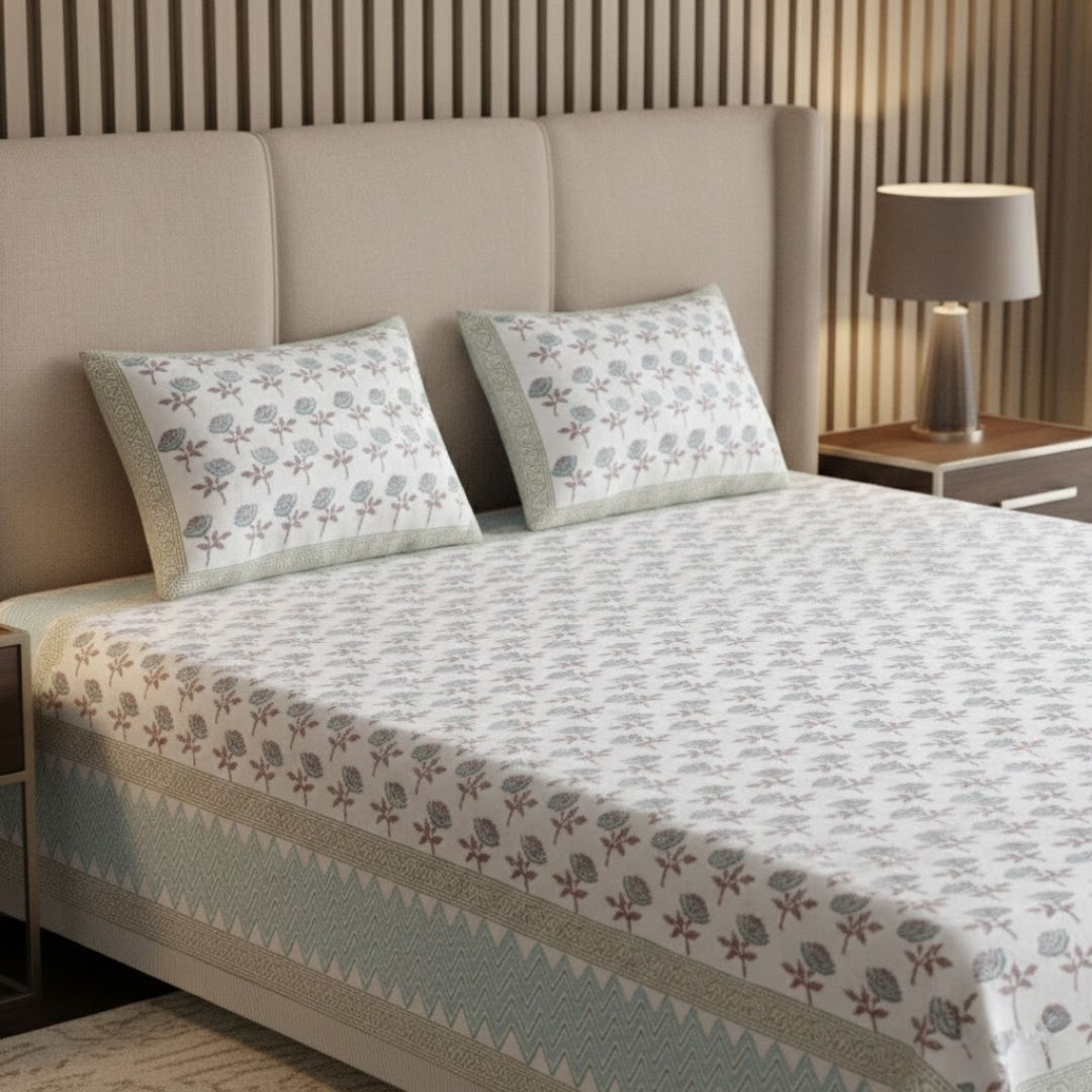 Dotted Flowers Hand Block Print Double Bedsheet